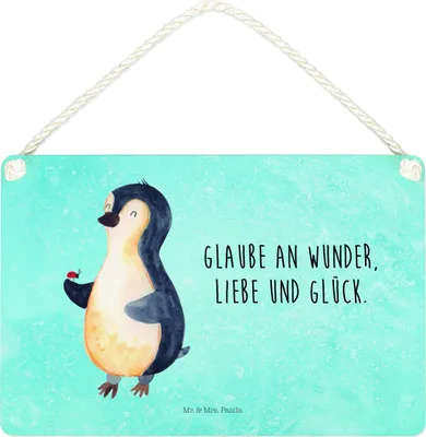 Produktbild von Mr. & Mrs. Panda Schild Pinguin Marienkäfer DIN A4 - Eisblau - Geschenk, Liebe, Holzschild, holzbild, Kleine Wunder, Wandbild Holz, aufmerksamkeit, wandtafel, Aufmerksam