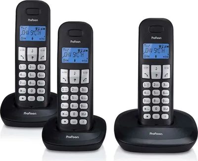 Three black cordless phones are displayed on their charging bases against a white background.