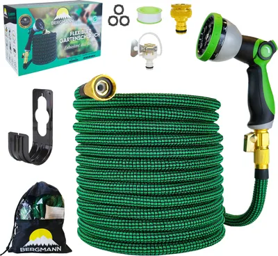 Produktbild von Bergmann® Premium Gartenschlauch Flexible 15m - Flexibler Schlauch mit 10 Funktion Spritze Flexschlauch mit Wandhalterung 3/4 1/2 Zoll Anschluss