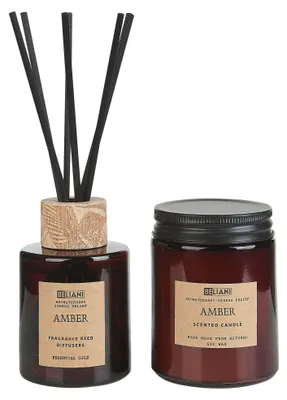 Produktbild von BELIANI Raumduft-Set Braun Sojawachs und Duftöl Duftkerze im Glas mit Deckel und Diffuser mit Stäbchen Duftnote: Bernstein Geschenkset