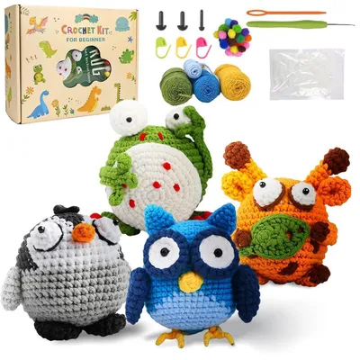 Obrázok produktu pre Sada na háčkovanie pre začiatočníkov, 4 kusy: sada na výrobu zvieratiek Amigurumi, obsahuje priadzu, háčiky, výplň a video návody