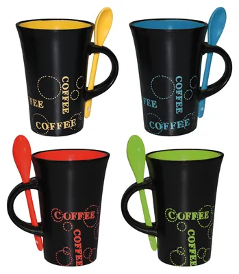Produktbild von 4er-Set Keramik Kaffeebecher & Löffel Kaffeetassen schwarz bunt XL Tasse Becher