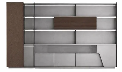 Produktbild von Büroschrank mit braunen Textilfronten und modernen Regalelementen