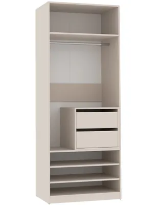 An empty wardrobe with shelves and drawers, shown from the front.