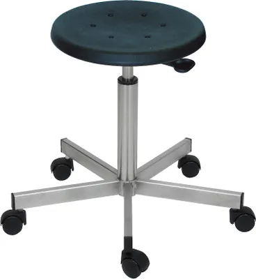 Produktbild von Edelstahl Hocker Miami | Sitzhöhe 50-69cm | Ø 61cm | Tragfähigkeit 110kg | Polyurethane-Sitz | Edelstahl-Fußkreuz mit Rollen | ideal für Lebensmittelindustrie | Schwarz