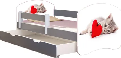 Produktbild von ACMA Jugendbett Kinderbett Junior-Bett Komplett-Set mit Matratze Lattenrost und Rausfallschutz Grau 40 Katze mit Herz 140x70 + Bettkasten