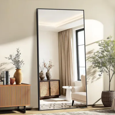 Image de Miroir de plein corps, 196 x 96 cm, miroir sur pied, miroir mural, cadre en aluminium, noir