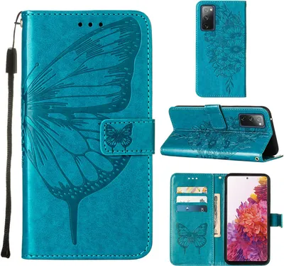 Produktbild von Galaxy S20 FE 4G Hülle, Schmetterling Prägung Flip Leder Kartenfächer Schutzhülle Ledertasche mit Ständer für Samsung Galaxy S20 FE 4G / 5G Blau
