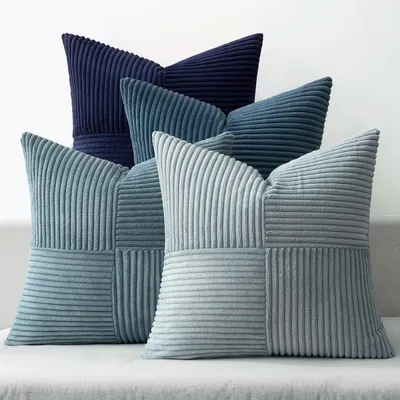 Produktbild von 4er-Set Kissenbezüge, 50 x 50 cm, Cord-Patchwork, dunkelblau, dekorative Kissenbezüge, Zierkissenbezüge, quadratisch, für Sofa, Wohnzimmer, Schlafzimmer