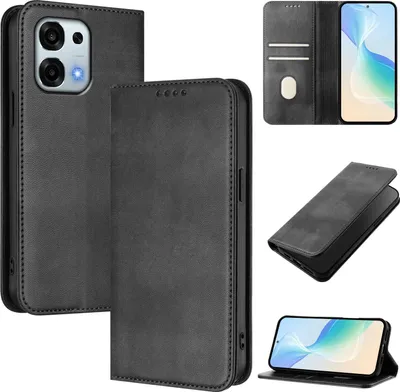 Image de Housse de téléphone portable pour Oppo A6 Pro 5G/4G, Vintage Cuir RFID Protection Porte-carte Stand Fonction Housse à rabat magnétique Noir