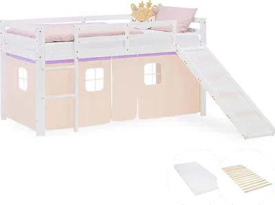Image de Lit superposé 90x200 cm avec Toboggan Matelas Lit mezzanine en Bois Pin Massif Lit d'enfant Rideau Violet Pêche