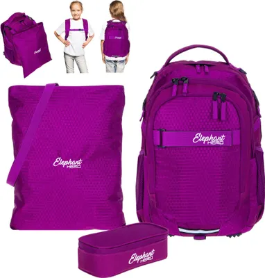 Produktbild von Schulrucksack 3 Teile Set Elephant Hero Signature Rucksack Mädchen Premium Schultasche Turnbeutel Mäppchen Box 12993 Wild Berry Lila rtmb