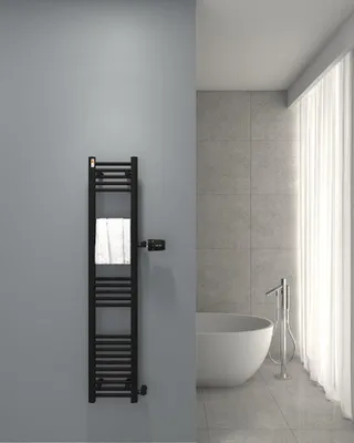 Produktbild von Badheizkörper Schwarz matt 400 x 1800 mm – Handtuchheizkörper mit Seitenanschluss, Anschluss 900 mm, 655 Watt, ohne Heizstab