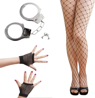 Produktbild von Oblique Unique y Polizei Kostüm Accessoire Set - Handschellen + Handschuhe + Netzstrumpfhose