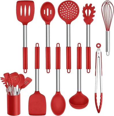 Image de Ensemble de 10 ustensiles de cuisine en silicone Unyqoos®, avec des manches en acier inoxydable, résistants à la chaleur jusqu'à 230 °C, antiadhésifs, lavables au lave-vaisselle, de couleur rouge