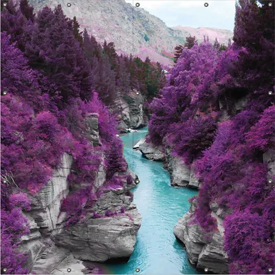 Produktbild von Wallario Outdoor-Poster für Garten oder Balkon, Motiv Fluss in lilafarbener Schlucht, in ca. 180 x 180 cm