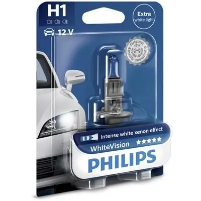 Produktbild von PHILIPS Hauptlampen "White Vision", H1, 12V, 55W, weißer Xenon-Effekt, klarer Lichtstrahl mit um 40 % weißerem Licht, 60