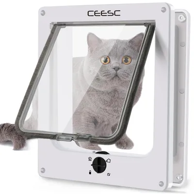 Immagine prodotto di Porta per gatti XL, bianca, resistente alle intemperie, con sistema di chiusura a 4 vie, adatta a cani fino a 11,5 kg. Dimensioni interne: 19,5 x 22,5 cm