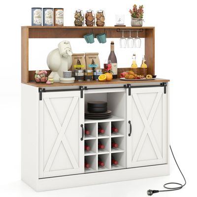COSTWAY Kaffeebarschrank im Farmhaus-Stil mit Ladestation, 120 cm langer Weinschrank mit Schiebetüren, Anrichte, herausnehmbarem Weinregal