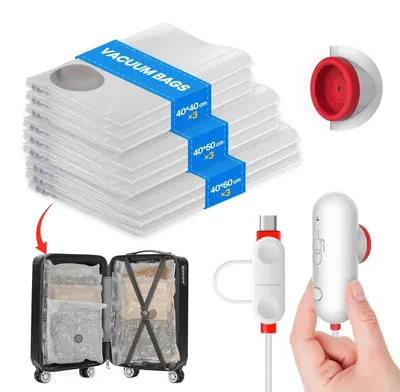 Immagine prodotto di Sacchetti sottovuoto per abbigliamento con pompa elettrica USB, confezione da 9 pezzi: 3 sacchetti da 40x40 cm, 3 sacchetti da 40x50 cm, 3 sacchetti da 40x60 cm