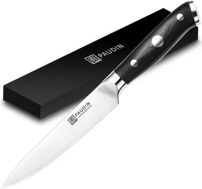Zdjęcie produktu dla PAUDIN D6 Profesjonalny nóż do warzyw 12,5 cm – OstryNóż w stylu japońskim kuchenny – Wysokiej jakości stal węglowa 58-60 HRC – Ergonomiczna rękojeść G10