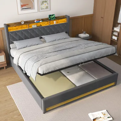 Image de okwish Lit rembourré 180×200 lit jeune avec éclairage LED, ports USB et prises, lit avec espace de rangement, tête de lit avec étagère, lit confortable pour chambre à coucher, gris (sans matelas)