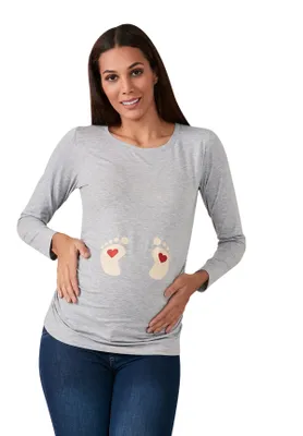 Produktbild von Umstandsshirt Langarm Baby Füße – Umstandsmode Damen Schwangerschaft, 95 % Baumwolle, Grau, Gr. XL