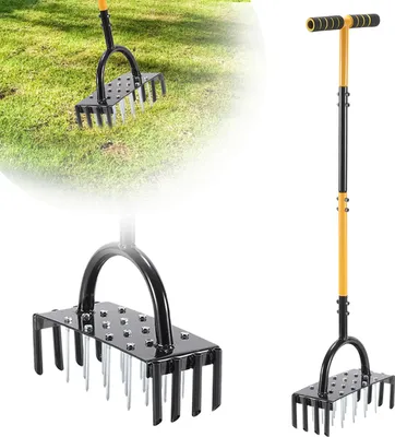Produktbild von Izrielar 1 Stück 98cm Rasenlüfter manuell mit Stiel gelblich-schwarz – Hand Rasen Belüfter für Rasenpflege & Gartenboden