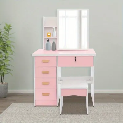 Productafbeelding van Kaptafel - Make-up Tafel - Toilettafel - Roze en Wit - 5 Lades - Inclusief Spiegel en Kruk