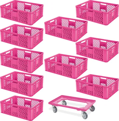 Produktbild von 10 Eurobehälter, LxBxH 600x400x240 mm, lebensmittelecht + 1 Transportroller, pink