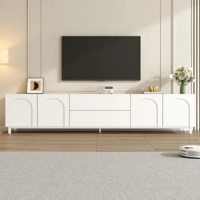 Produktbild von Merax TV-Schrank TV Lowboard mit 4 Türen und 2 Schubladen, TV-Board mit Kabelmanagement und Stahlrohr Füße, Wohnzimmerschrank aus MDF + PB, Weiß