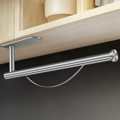 Image de Porte-rouleau de papier essuie-tout sans perçage, avec frein, autocollant, en acier inoxydable, pour montage mural ou sous plan (argent)
