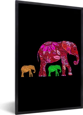 Produktbild von MuchoWow® MuchoWow® Gerahmtes Poster Elefant - Tiere - Muster - Blumen 20x30 cm - Poster mit zchwarzem Bilderrahmen - Drucken - Bilder Poster im Rahmen