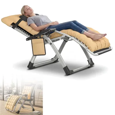 Produktbild von LZQ Gartenliege Klappbar bis 160 kg, Gepolsterter Liegestuhl mit Kopfkissen, Getränkehalter & Seitentasche, Stahlrahmen Relaxliege für Garten, Terrasse & Camping, Beige