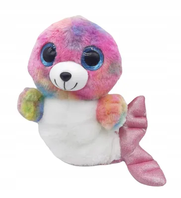 A plush toy seal with rainbow-colored fur and large blue eyes, shown against a white background.