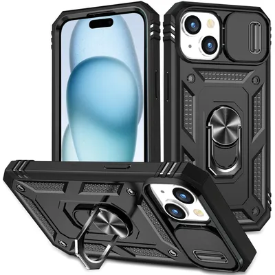 Immagine prodotto di Custodia per iPhone 15 protezione fotocamera scorrevole, resistente agli urti, con supporto ad anello, supporto e portacarte nero