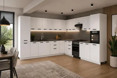 Produktbild von ULWEHOME | Eckküche 580 cm Mattweiß, Küchenmöbel-Set L-Küche Weiß Matt mit Vorratsschrank, Backofen-Hochschrank & geteilten Arbeitsplatten 320 cm, KI-generiertes Bild