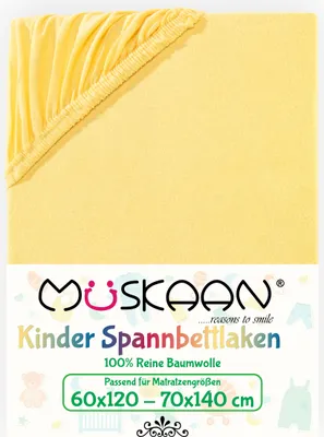 Produktbild von Müskaan Jersey Kinder Spannbettlaken 60x120 - 70x140 cm gelb bis 12cm Matratzenhöhe Gummizug Bettlaken 100% Baumwolle
