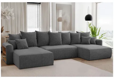 Produktbild von MEBLINI Schlafcouch mit Bettkasten - 350x160x78cm - Dunkelgrau Cordstoff - NAPLES - Ecksofa mit Schlaffunktion - Sofa mit Relaxfunktion und Kopfstützen - Couch U-Form - Eckcouch - Wohnlandschaft