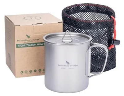Produktbild von Tasse mit Deckel Klappgriff 450 ml Titan Ultraleicht Outdoor Camping Wasser Tee Kaffee