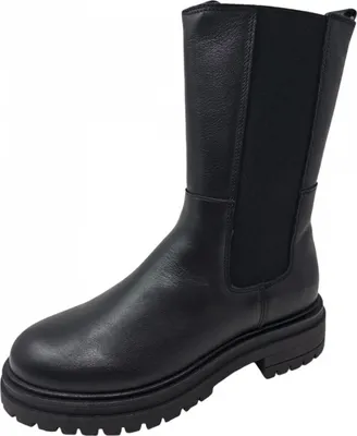 A black leather Chelsea boot with a thick sole is shown against a white background.