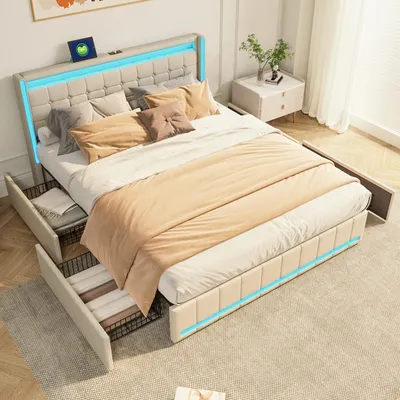 Image de Lit avec tête de lit rembourrée 160x200 cm - Lit double - Tête de lit avec éclairage LED et fonction de charge USB - Sommier à lattes - Rangement avec 4 tiroirs - Revêtement en velours - Beige