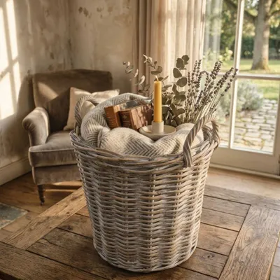 Produktbild von Natur Rattankorb BAKUL rund White Wash 30cm Pflanzkorb Inlay Griffe