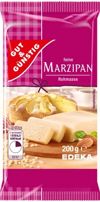 Produktbild von Gut & Günstig Marzipanrohmasse zum Backen und Naschen 3er Pack (3x200g Packung) + usy Block