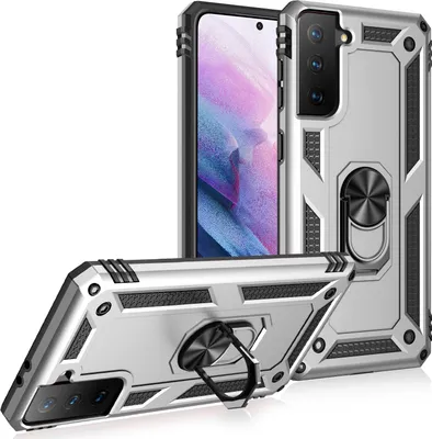 Produktbild von LaimTop Schutzhülle für Galaxy S21 5G, Dual Layer Robust Militäre Fallschutz Hülle mit Ringhalterung Ständer Silber