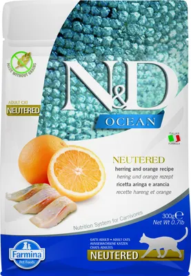 Productafbeelding van N&D OCEAN CAT TERED, volwaardig voer voor volwassen katten die gesteriliseerd/gecastreerd zijn, met haring en sinaasappel, 300g