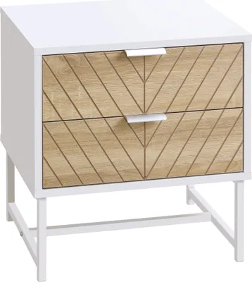 Produktbild von HOMCOM Nachttisch mit 2 Schubladen, Nachttisch mit Stahlbeinen, Nachttisch für Wohnzimmer, Schlafzimmer, Bett, 45 x 39 x 48 cm, Weiß und Eiche