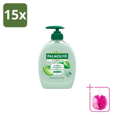 Imagen del producto de 15 unidades de jabón líquido para manos Palmolive Hygiene Plus Sensitive, con aloe vera, de 300 ml cada uno. Paquete económico