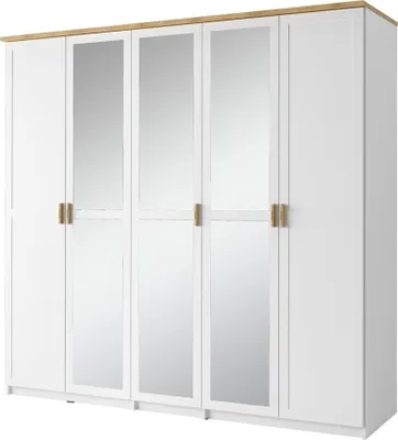 Produktbild von 226 cm breiter Kleiderschrank mit 5 Türen | Farbe: Eiche / Weiß