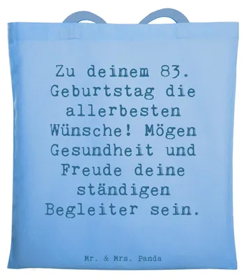 Produktbild von Mr. & Mrs. Panda Jutebeutel Spruch 83. Geburtstag Glückwünsche - Sky Blue - Geschenk, Geburtstagsgeschenk, Shopping Tasche, Geburtstagsfeier 83 Jahre, Freude, Tote Bag